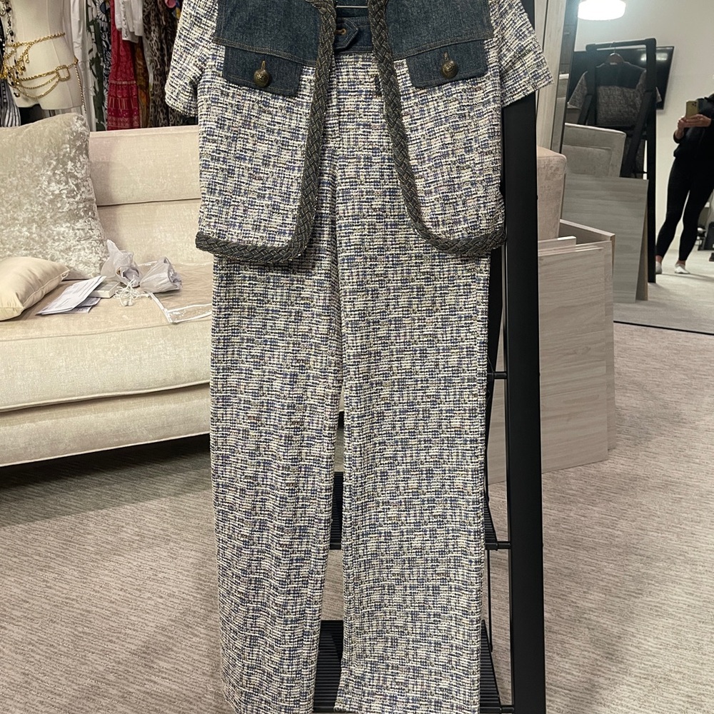 Ramy Brook Emmet Blue and White Tweed Straight Leg Pants